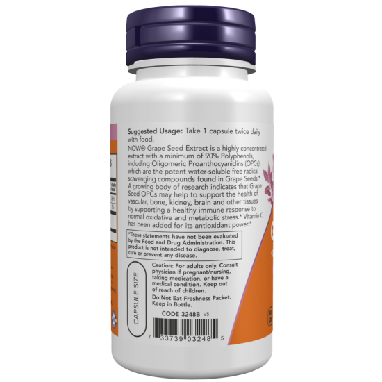 NOW Foods, Grape Seed, Extract din Seminte de Struguri 100mg - 100 Capsule vegetale