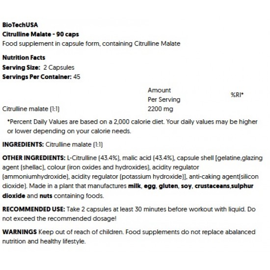 Citrullina Malate 1100mg, BiotechUSA - 90 Mega capsule